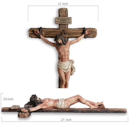 DevotedWalls Large Catholic Crucifix Wall Cross with Sculpted Wounds on Jesus's Body (Hand Painted in Full Color Version)