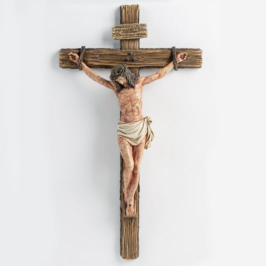 DevotedWalls Large Catholic Crucifix Wall Cross with Sculpted Wounds on Jesus's Body (Hand Painted in Full Color Version)